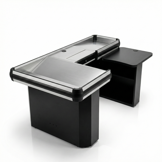 Profesionalni kasa pult (checkout) – L oblik  (190×108×87 cm), inox površine, radno mjesto za kasira